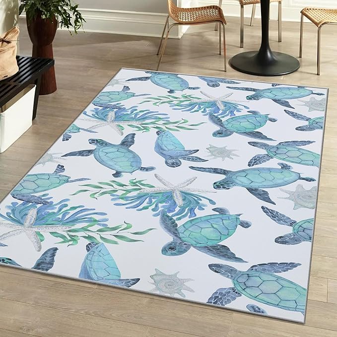Tritard Coastal Sea Turtles Area Rugs Beach Themed Nautical Starfish Coral Accent Rugs Non-Slip Sea Marine Life Rugs Floor Carpet for Living Room Bedroom, Teal, 5x7 Feet