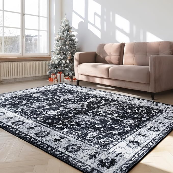 4x6 Washable Area Rug – Black and Ivory Vintage Carpet with Charcoal Border, Floral Scroll and Geometric Pattern, Boho Non-Slip Indoor Rug for Living Room, Bedroom, Dining Room, Entryway