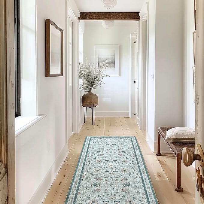 EVERGRACE Hallyway Area Runner Rugs 2x6, Boho Floral Faux Wool Indoor Outdoor Rugs, Washable Rugs for Bedroom Bathroom Living Room Kitchen, Low Pile Floor Mat Carpet for Home Decor, Pale Blue