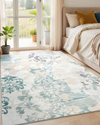 Washable Abstract Rug, 4x6 Ivory and Aqua Floral Area Rugs with Non-Slip Rubber Backed for Bedroom, Low Pile Modern Throw Carpet Kitchen Living Room Decor