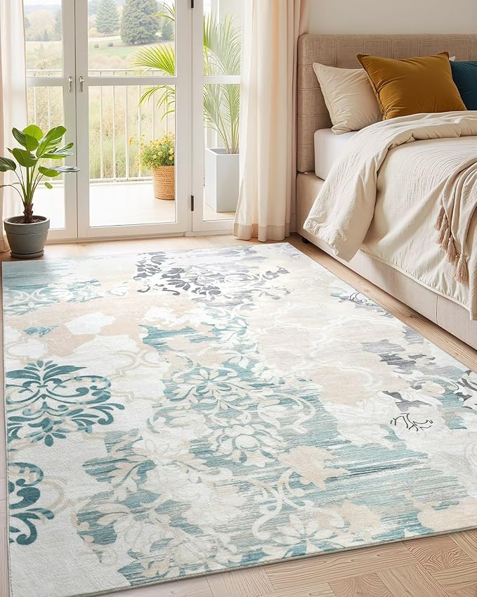 Washable Abstract Rug, 8x10 Ivory and Aqua Floral Area Rugs with Non-Slip Rubber Backed for Living Room, Low Pile Modern Throw Carpet Bedroom Dining Room Decor