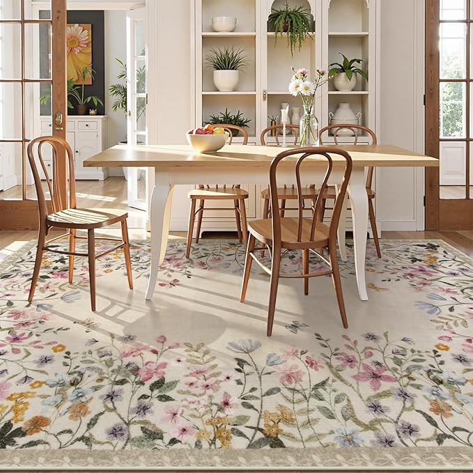 Wonnitar Washable Boho Floral 9x12 Rugs for Bedroom, Non-Slip Living Room Area Rug, Cute Nursery Large Botanical Area Rug, Soft Floor Carpet for Playroom Closet (Beige,9'x12')