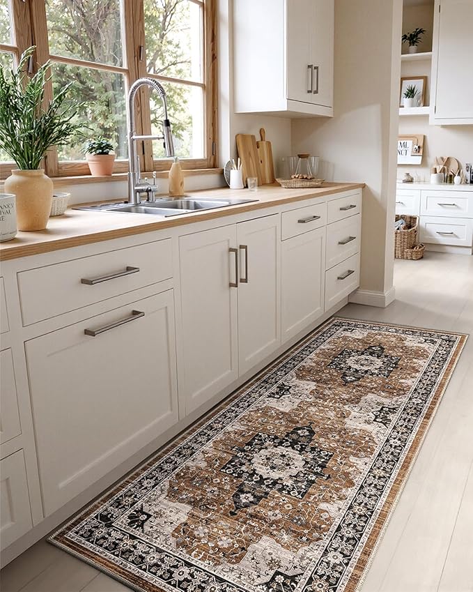 DEXI Hallway Runner Rug 3x8, Distressed Non Slip Runners Carpet, Boho Vintage Soft Thin Indoor Rug, Stain Resistant Washable Entry Mat for Entryway Kitchen Laundry Room Living Room, Brown