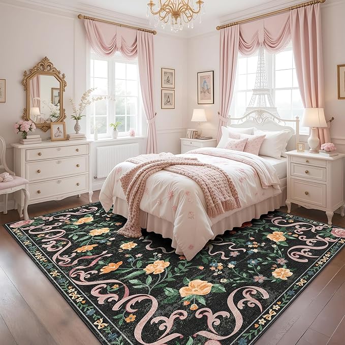 Black Rug Bow Floral Rug for Girls, 5x7 Washable Area Rugs for Bedroom Living Room, Kitchen,Dining Room,Kids Room,Playroom, Cute Ultra-Thin Non Slip Low Pile Indoor Carpet