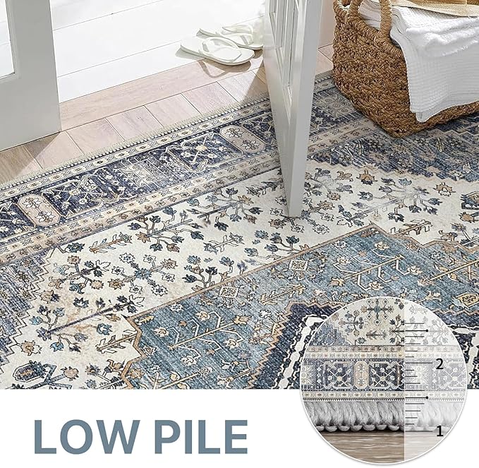 GENIMO 8x10 Area Rugs for Living Room, Machine Washable Non Slip Vintage Rugs, Low Pile Lightweight Chenille Print Rug for Bedroom, Dining Room, Home Office, Navy/Cream