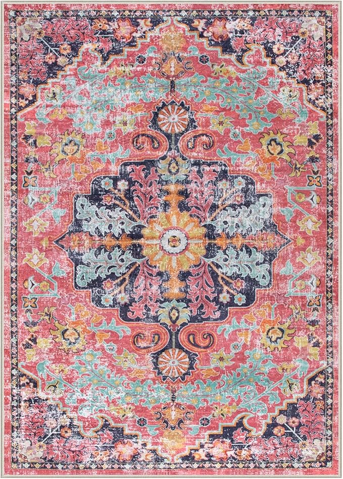 Lahome 5x7 Boho Living Room Rug Colorful Bedroom Rug, Large Bohemian Nursery Rugs, Hot Pink Non-Slip Machine Washable Soft Playroom Mat Indoor Floor Accent Carpet for Dining Table Mud Room