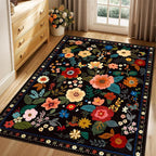 Floral 3x5 Area Rug Machine Washable Soft Print Boho Carpet Non Slip Doormat Low Pile Flower Area Rugs for Living Room Bedroom Nursery Kitchen Dining Room Indoor-Black