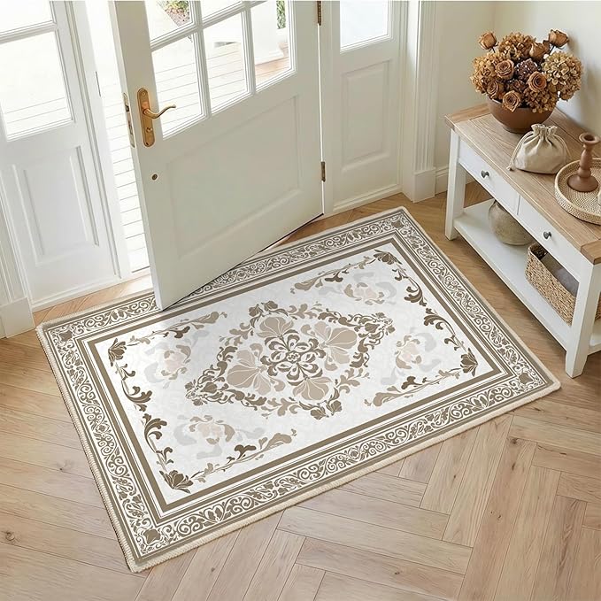SOULFUL Medium Pile 2x3 Entryway Rug - Soft Foot Feel Small Area Rug - Brown Boho Floral - Washable Non-Slip - Perfect for Hallway Kitchen Bedroom Bathroom Indoor Entrance