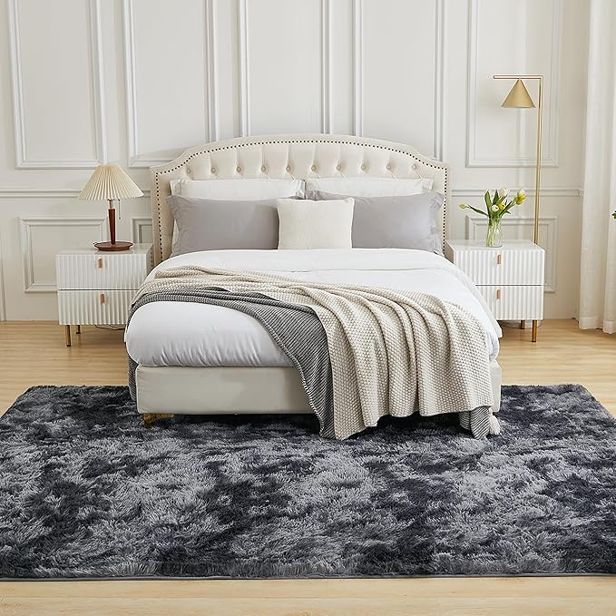 Andency Soft Area Rugs for Living Room Bedroom, 4x6 Non-Slip Fluffy Shag Carpet, Indoor Floor Fuzzy Shaggy Living Room Plush Rug for Kids Dorm Nursery Home Decor Aesthetic, Tie-Dyed Dark Grey