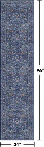 Dark Blue 2x8 Kitchen Rugs - Machine Washable Hallway Runner Non Slip, Floral Pattern Indoor Floor Mats for Entryway, Oriental Design Home Décor