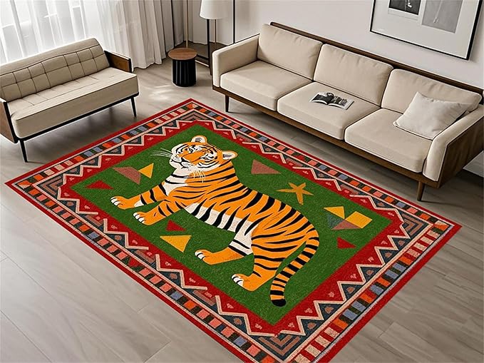 Colorful Tiger Pattern Area Rug, 5x7ft,Stylish Geometric Border Tiger Rug, Add Unique Charm To Your Home,Cute Animal Print Pattern Rugs Suitable for Children's Room Living Room Bedroom Farmhouse