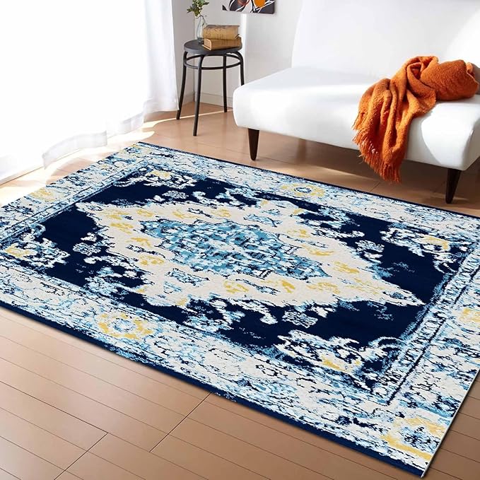 Bohemian Pattern Rectangular Area Rugs for Living Room Bedroom 2.8 x 5 ft Blue & Yellow Abstract Non-Shedding Soft Low Pile Rug Non Slip Washable Rug for Nursery Entryway Playroom