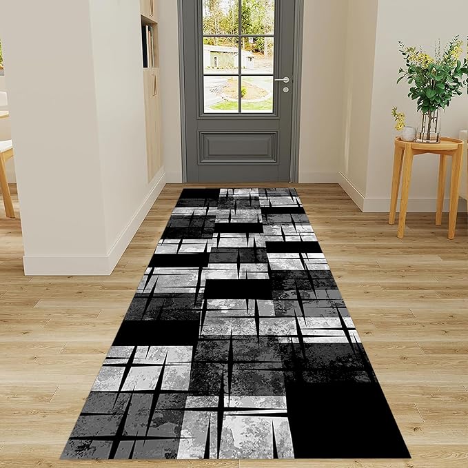 Distressed Checkered Runner Rugs, 1.3x7ft, Washable Runner Rug with Rubber Backing, Soft Vintage Geometric Black Grey Floor Carpet for Front Door Home Office