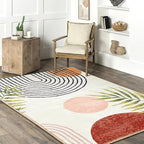 RoomTalks Boho Cute 3x5 Small Area Rugs Washable, Modern Abstract Geometric Shape with Tropical Leaves Non Slip Throw Rugs for Bedroom Kitchen Entryway Indoor Botanical Accent Carpet