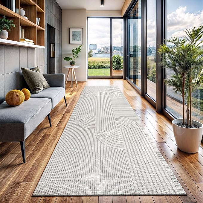CAMILSON Modern Runner Rug 2x7 Luxury Swirl Curved Micro Loop Hallway Rugs Soft High-Low Pile Stain Resistant Easy to Clean Non-Shedding Durable Entryway Kitchen Indoor Area Carpet (White)