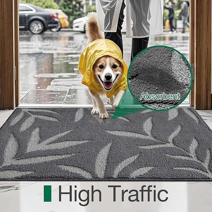 LUMI Indoor Door Mat 36x60, Washable Front Doormat with Welcome Leaf Pattern, Non-Slip Rubber Back Absorbent Mats for Entrance, Patio, Garage, Dark Grey