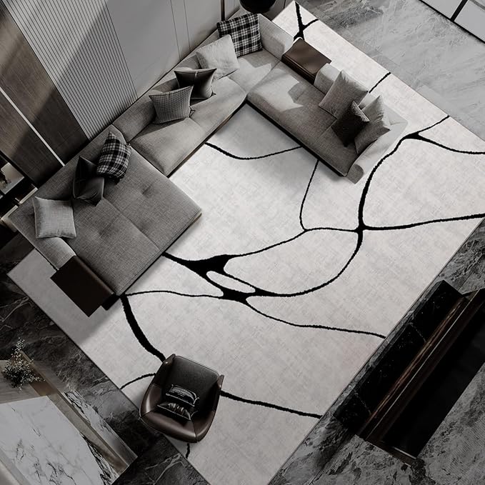 YIHOUSE Modern Washable Area Rug for Living Room Bedroom - Large Abstract Black and White Rug Non-Slip Ultra-Thin Home Decor (Warping, 9'x12')