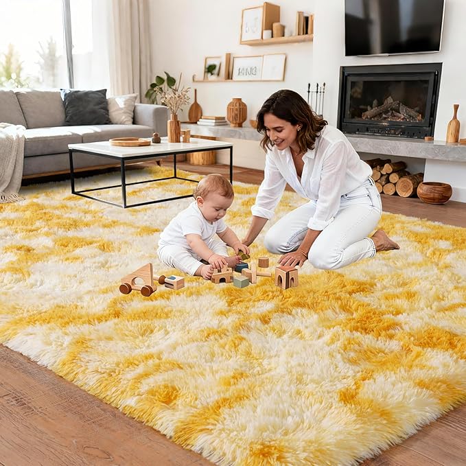 Upgrade Non-Slip Plush Rugs for Living Room, Soft Shaggy Carpets for Living Room, Fuzzy Rugs for Kids' Room, Perfect Decor for Modern Home Tie Dye Yellow 8x10Feet