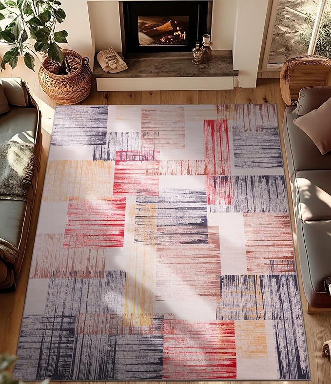 YIHOUSE Cream Retro Rugs 6x9,Blue and Red Vintage Washable Carpets for Living Room,Farmhouse Abstract Area Rug,Unique Checkered Block Rug for Bedroom,Dining Room,Office