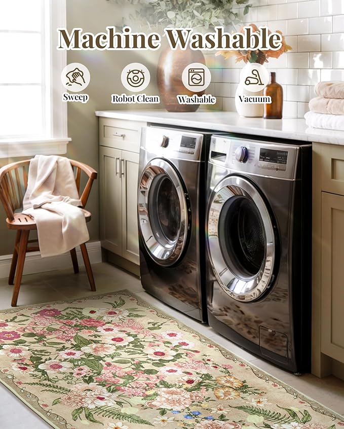 Door Mat Entrance 2x3 Rug - Floral Rugs Washable Small Area Rug Non-Slip Low Pile Carpet Throw Rugs for Indoor Entryway, Bedroom, Kitchen, Front Door, Entry, Kids Room - Brown