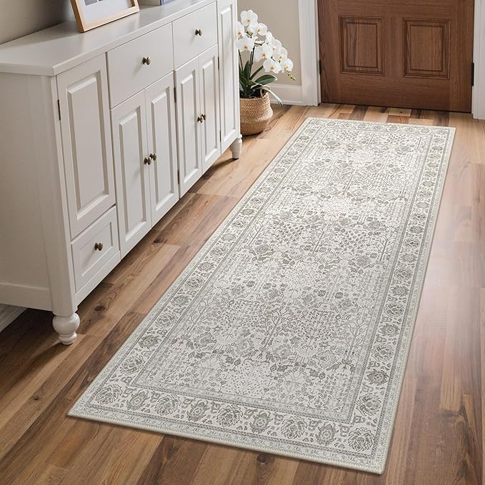 Bavni 2'6''x6 Rug Runners for Hallways, Washable Runner Rug Non Slip, Vintage Floral Print Style Rugs for Bedroom-Lightweight Low Pile Carpet for Hallways Bathroom,Light Gery