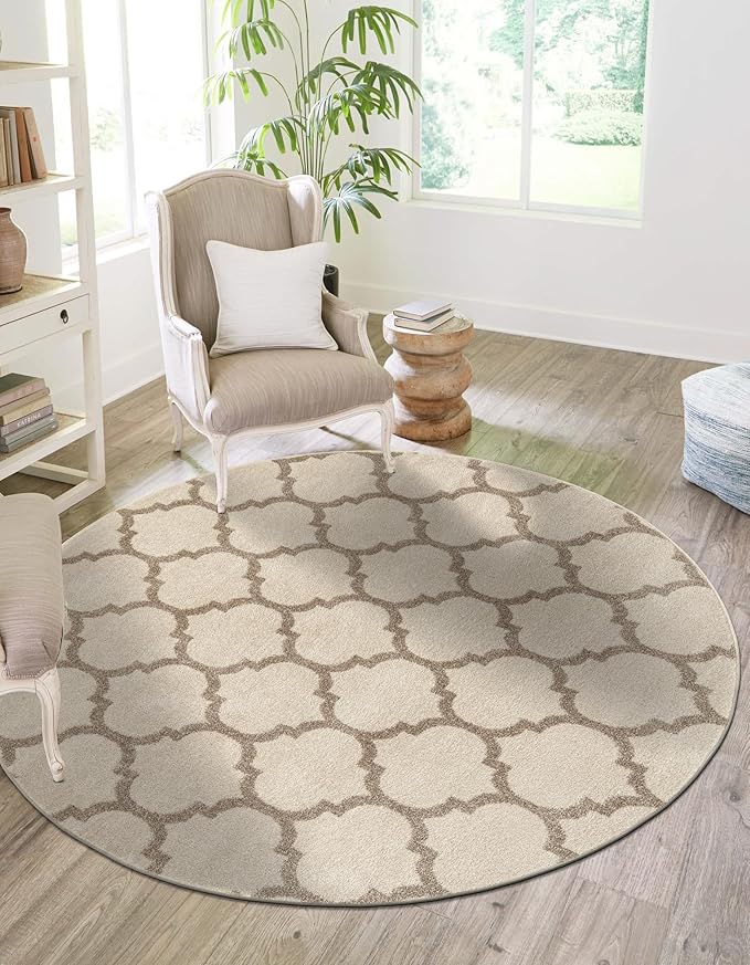 Rugs.com Lattice Collection Rug – 6 Ft Round Beige and Light Brown Medium-Pile Rug Perfect for Kitchens, Dining Rooms