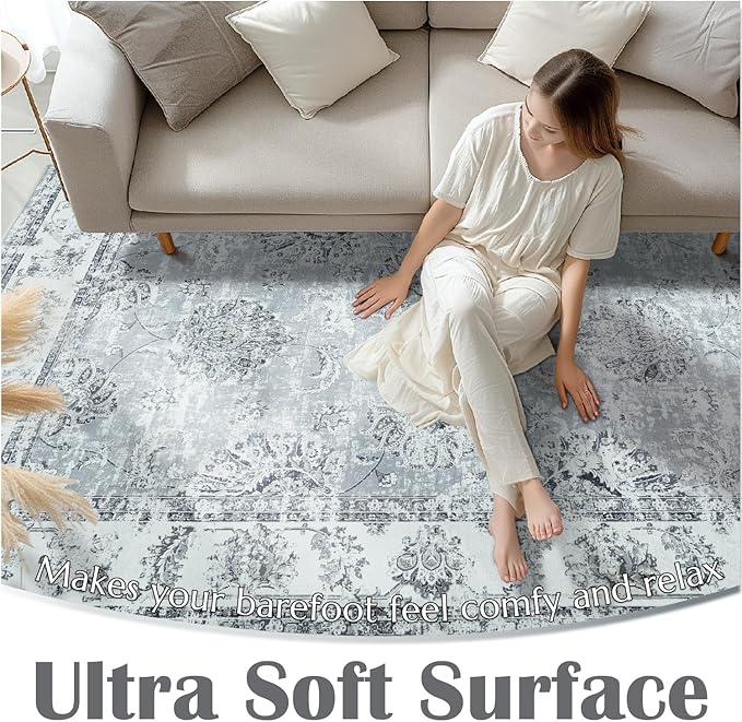 jinchan Fiora Hallway Runner Rug 3x8 Washable Runner - Vintage Floral Non Slip Low-Pile Soft Thin Faux Wool Kitchen Rug Distressed Carpet for Farmhouse Bedroom Laundry Room(3x8ft, Grey)