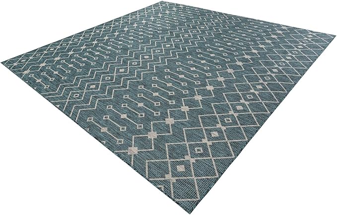 Unique Loom Outdoor Trellis Collection Area Rug - Tribal Trellis (10' Square Teal/Ivory)