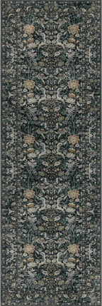 Washable Runner Rug 2x6: Vintage Boho Floral Carpet Runners for Hallway Entryway Non-Slip - Soft Botanical Low Pile Thin Mat for Kitchen Bathroom Bedroom Laundry Floor Decor - Dark Green