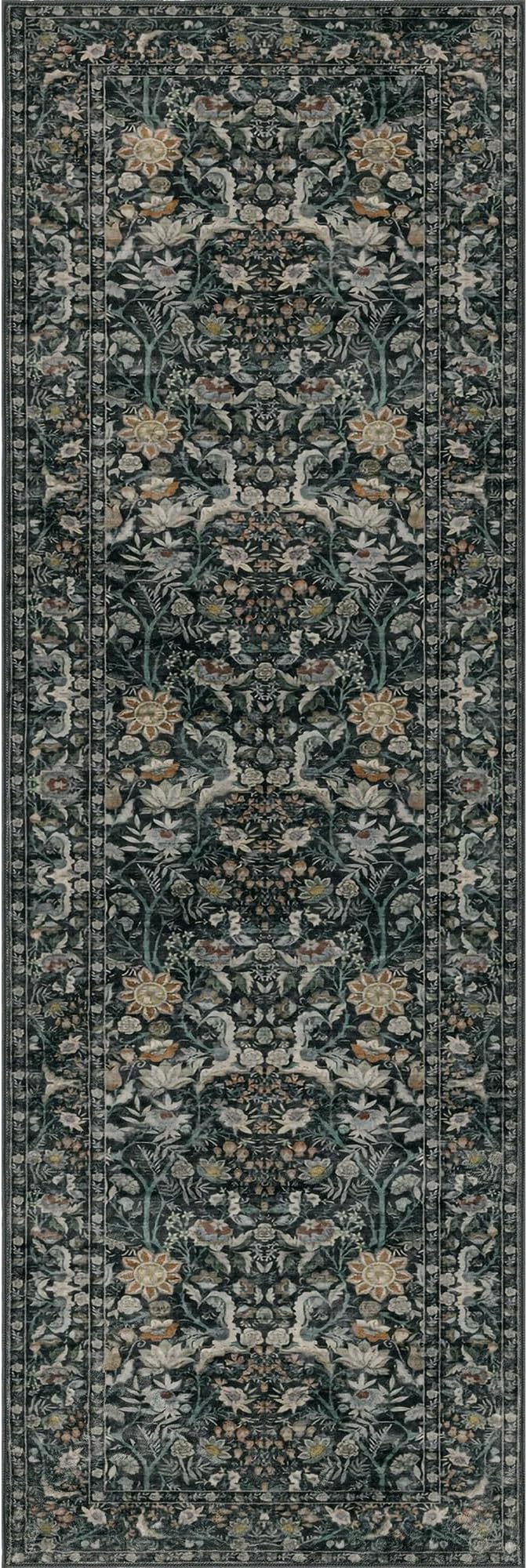 Washable Runner Rug 2x10: Vintage Boho Floral Carpet Runners for Hallway Entryway Non-Slip - Soft Botanical Low Pile Thin Mat for Kitchen Bathroom Bedroom Laundry Floor Decor - Dark Green
