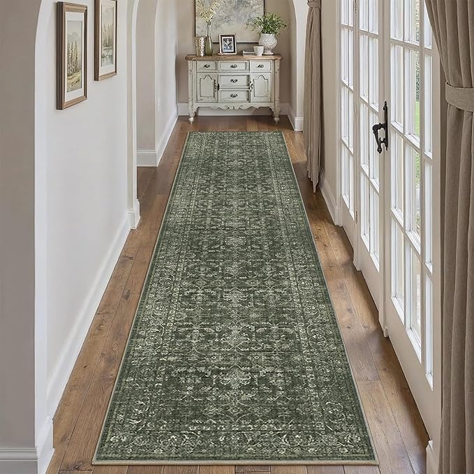 2x10 Hallway Washable Runner Rug Vintage Green Boho Extra Long Runners for Kitchen, Bathroom, Distressed Floral Floor Mat Non-Slip Farmhouse Carpet