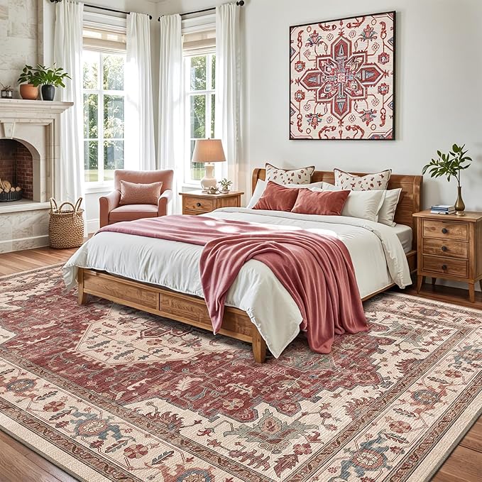 LUMI 8x12 Washable Area Rug for Living Room, Ultra Soft Traditional Vintage Red Rugs Non Slip with Rubber Backing, Low Profile, High Traffic, Stain Resistant Carpets, Ideal for Bedroom, Dining Room