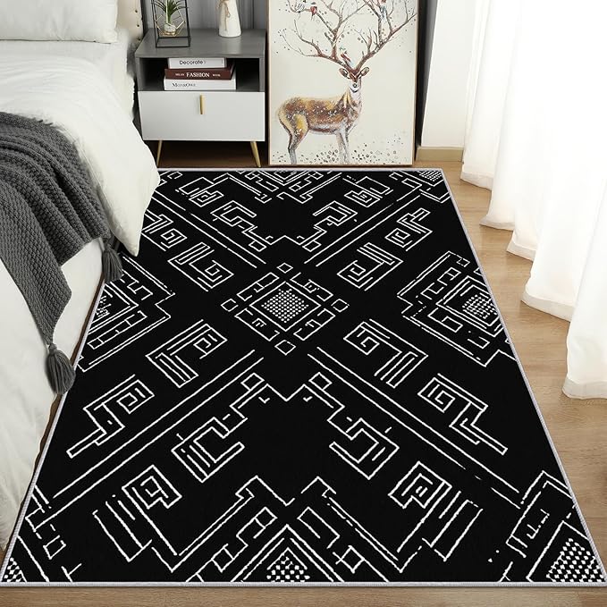 Geometric Rug, Washable 3x5 Rug for Living Room, Black and White Patterned Indoor Carpet, Modern Geometric Decor for Home, Bedroom, Soft Non Slip Thin Design FER14