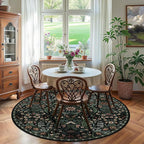 Round Rug 6ft Black Washable Floral Circle Rug,Vintage Boho Botanical Round Area Rugs, Non-Slip Soft Low-Pile Circular Carpet for Bedroom,Kids Room,College Dorm,Home Decor