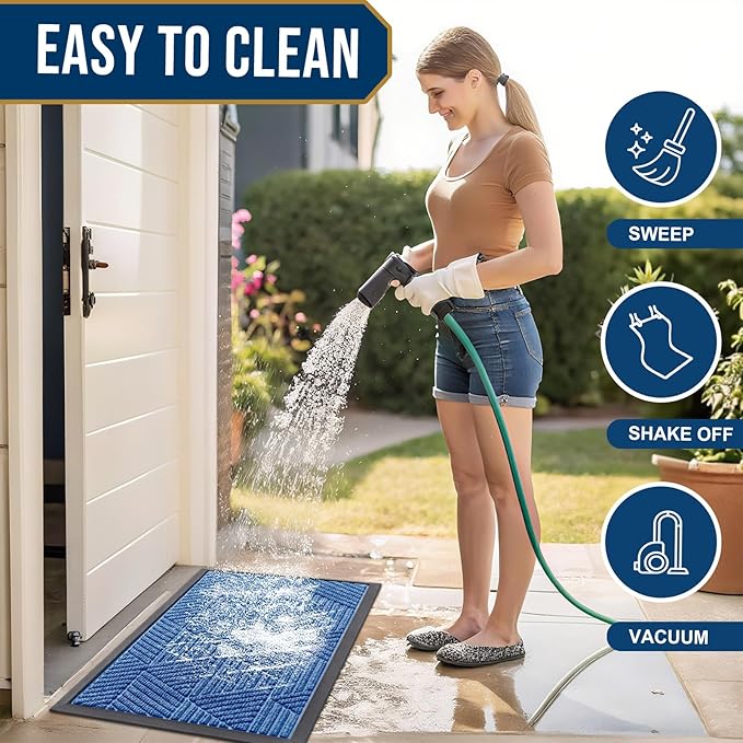 Kitinjoy Front Door Mat Outside Entrance, Sturdy Natural Dirt Trapper, Heavy Duty Rubber Doormat, Low Profile Non-Slip Backing, Easy Clean Floor Mat for Indoor Outdoor Entry, 47X32 Inch, Blue