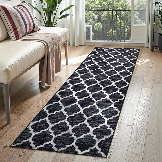 Lahome Moroccan Runner Rug 2'x6' Non Slip Black and White Hallway Runner Rug, Washable Small Kitchen Area Rug Laundry Room Carpet for Entryway Bedroom Bathroom (2' x 6', Black)