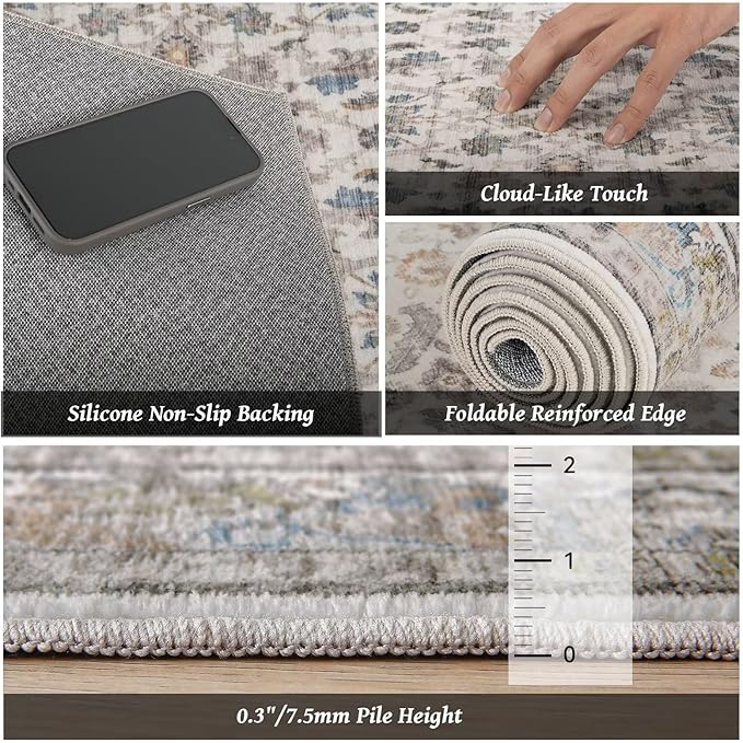 Washable 4x6 Rugs for Living Room, Boho Non-Slip Vintage Distress Small Rugs for Bedroom Nursery Office, 0.3" Neutral Oriental Throw Thin Carpet with Cushioning Pad,Cream/Blue/Orange/Multi