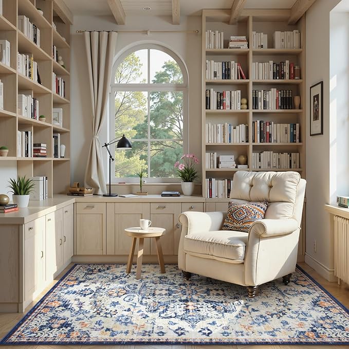 Lahome Bohemian Floral Medallion Area Rug - 4x6 Blue Washable Living Room Rug Soft Bedroom Mat, Non Slip Indoor Floor Carpet for Foyer Entryway Classroom Sunroom Bathroom