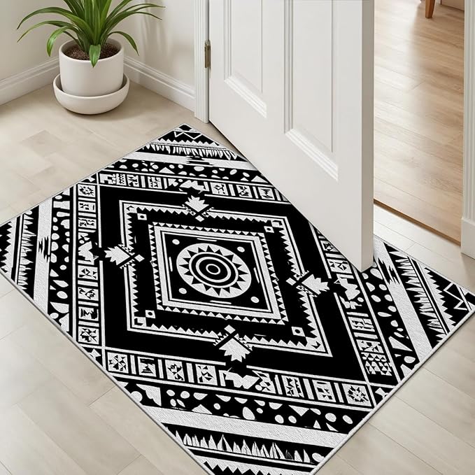 Area Rugs for Living Room 5x8, Moroccan Washable Low Pile Rug, Boho Neutral Farmhouse Ultra Soft Carpet for Bedroom Dining Room Home Decor, Geometric Print Tribal Carpets Black and White