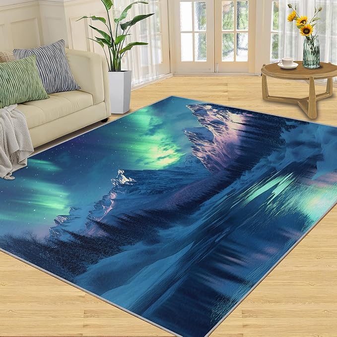 6x9 Snowy Mountains Living Room Rug - Aurora Borealis Bedroom Carpet, Polar Landscape Classroom Rug for Carpet Boy Bedroom Office Nursery Hardwood Home Decor