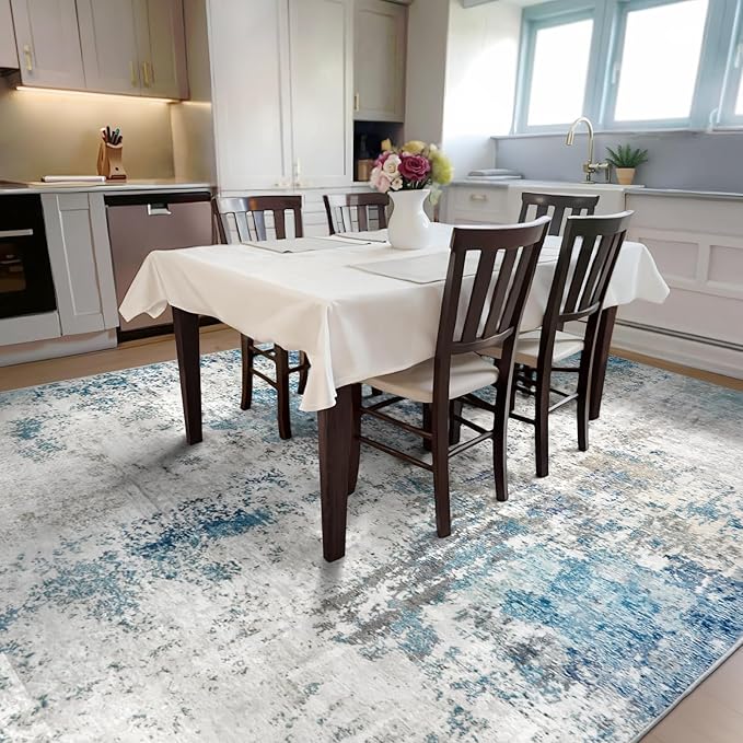 Area Rug for Living Room 10x14 - Extra Large Washable Neutral Modern Abstract Rugs, Soft Carpet with Non Slip Backing for Under Dining Room Table, Bedroom, Home, Office, Dorm - Blue Gray