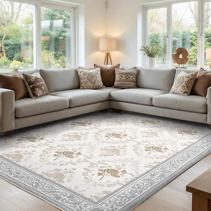 SOULFUL Medium Pile 4x6 Rugs for Living Room - Soft Underfoot Area Rug - Light Taupe Boho Floral - Washable Non-Slip - Perfect for Bedroom Kids Room Under Dining Table Office
