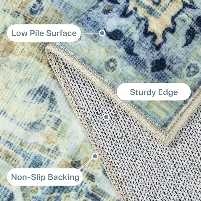 GENIMO Machine Washable 8x10 Area Rugs for Living Room, Non Slip Vintage Rugs, Low Pile Lightweight Chenille Print Rug for Bedroom, Dining Room, Home Office, Fade Blue