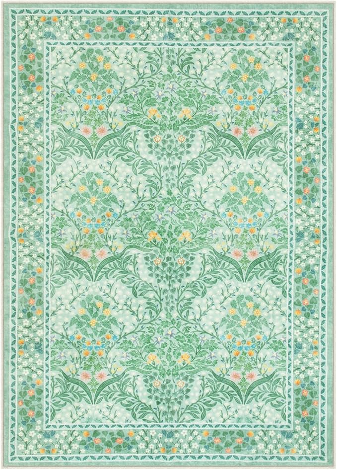 Lahome Floral Washable Area Rugs 5x7, Soft Green Rugs for Living Room Bedroom, Boho Non Slip Low Pile Forest Stain Resistance Large Throw Carpet for Farmhouse Dining Room Office,Sage Green