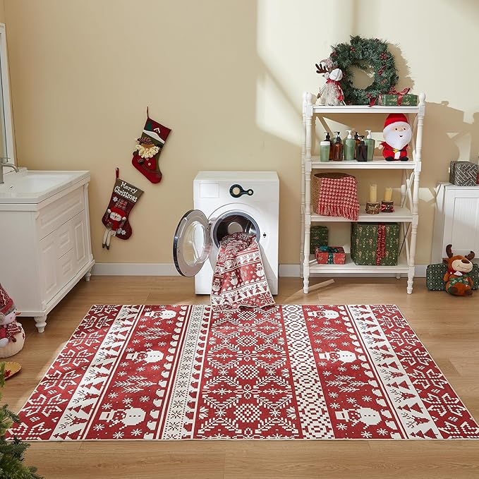 WITSHOCK Christmas Area Rugs for Living Room: 5x7 Stain Resistant Non-Slip Washable Red Snowflake Christmas Carpet, Soft Dining Room Bedroom Rugs, Indoor Decor for Home, Holiday
