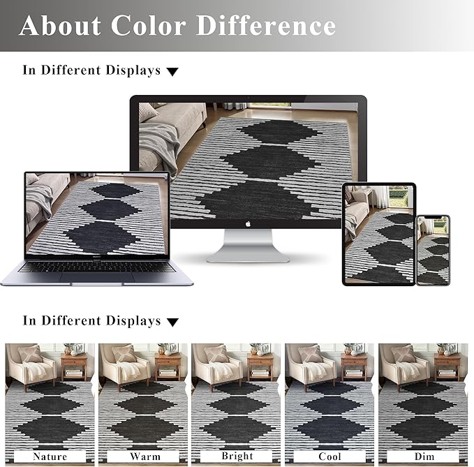 HelloTree Area Rug for Living Room 6x9 Washable Geometric Moroccan Rug Stripe Farmhouse Bohemian Minimalistic Non Slip Non Shedding Ultra Thin Soft Rug for Bedroom Office DiningRoom Nursery-Black