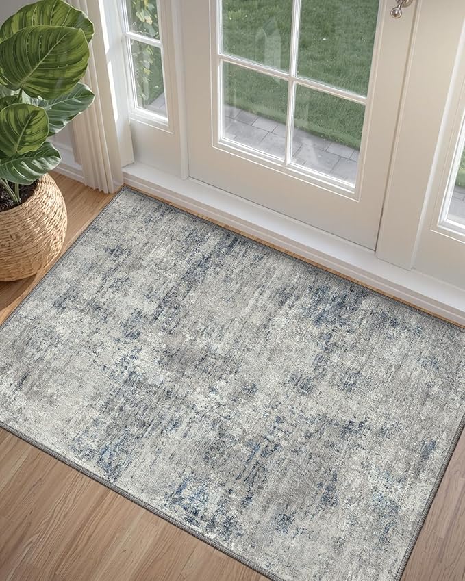 DEXI Area Rugs for Entryway 2x3, Washable Low Pile Modern Abstract Entry Rug Non Slip, Small Indoor Door Mat for Bedroom Kitchen Entrance Hallway, Blue