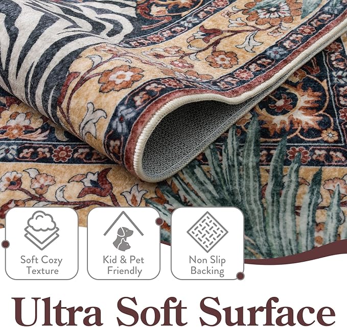 Moynesa Tiger Washable Area Rug, 9x12 Living Room Rug, Vintage Non Slip Large Rug for Dining Room, Ultra Thin Boho Soft Stain Resistant Indoor Carpet for Bedroom Guest Room, Puce Red