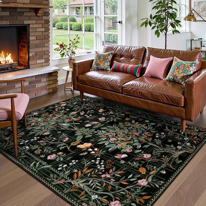 Morebes Boho Flower Rug for Living Room Non Slip, Washable Area Rugs 5x7, Soft Black Floral Birds Low-Pile Floor Indoor Throw Carpet for Bedroom Dining Room Dorm Playroom Foyer Office