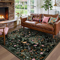 Morebes Boho Flower Rug for Living Room Non Slip, Washable Area Rugs 5x7, Soft Black Floral Birds Low-Pile Floor Indoor Throw Carpet for Bedroom Dining Room Dorm Playroom Foyer Office
